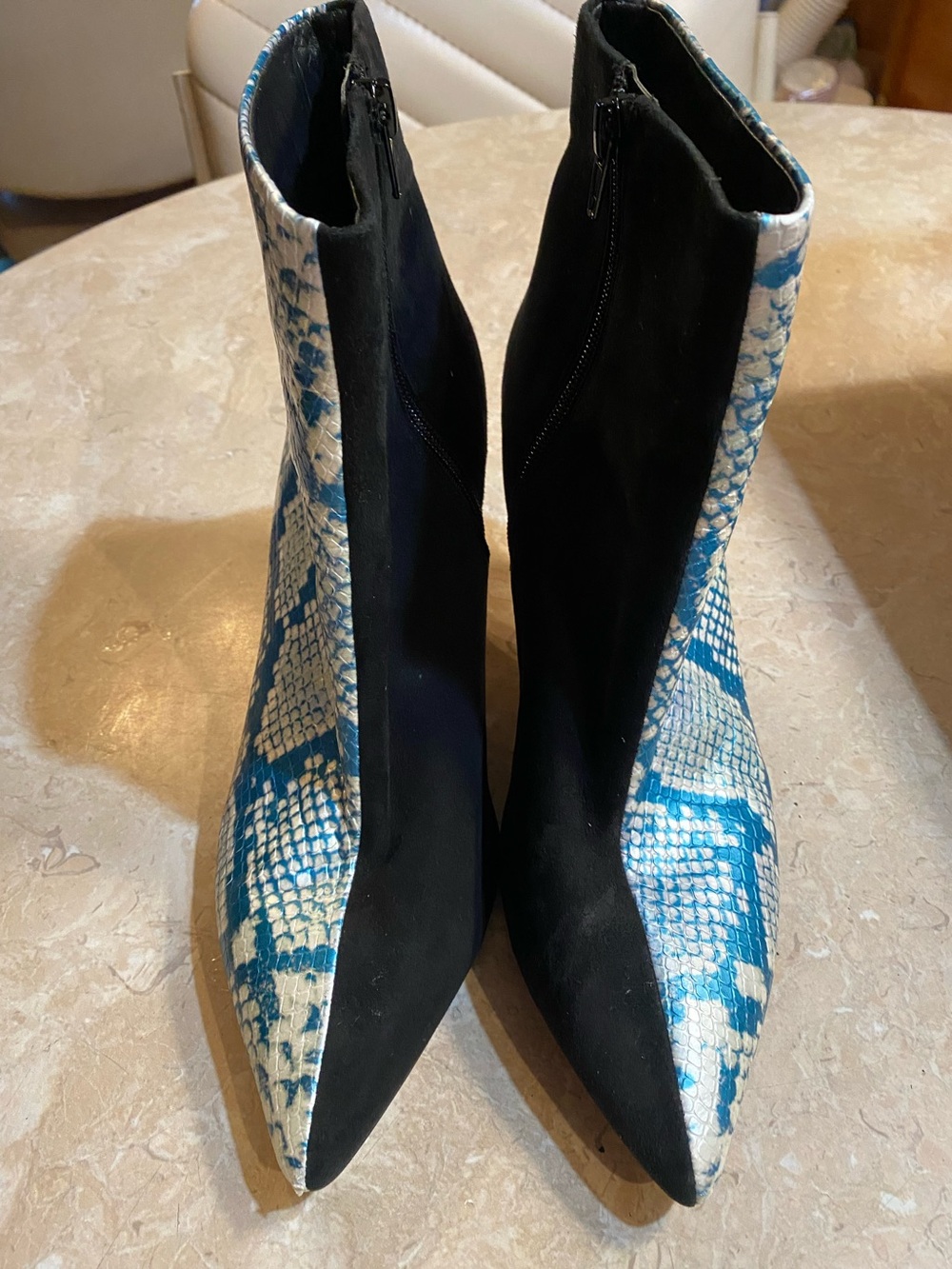 Something Navy Blue Snake-Print and Black Pointed Toe Ankle Boots